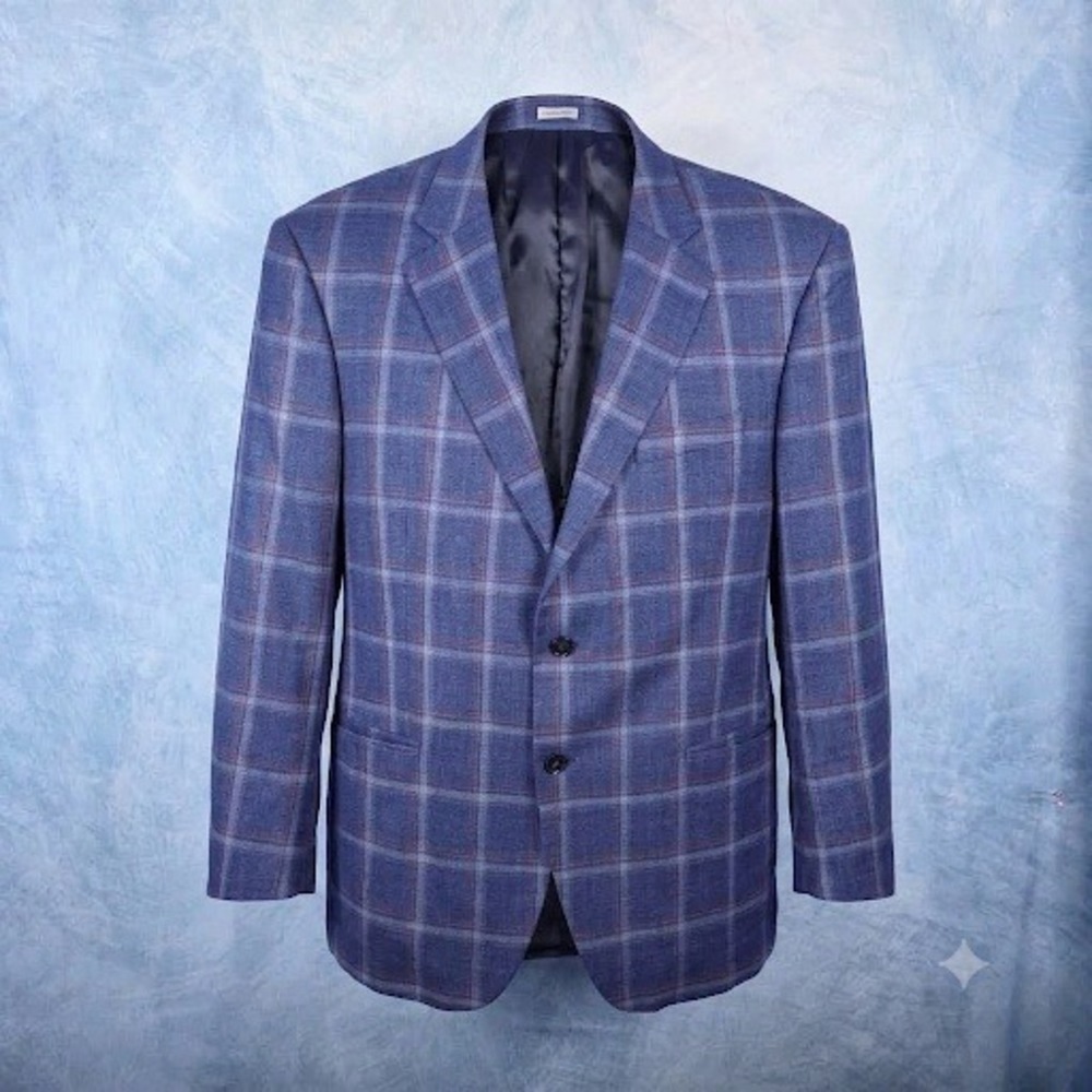 Peter Millar Mens 46R Wool Silk Linen Plaid Sport Coat Blazer Blue Portugal